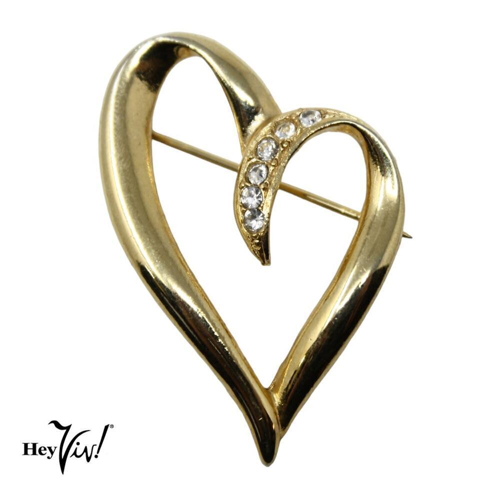 Vintage Gold Tone Open Heart Brooch Pin Rhinestones Sweet Romantic 1.5" -Hey Viv